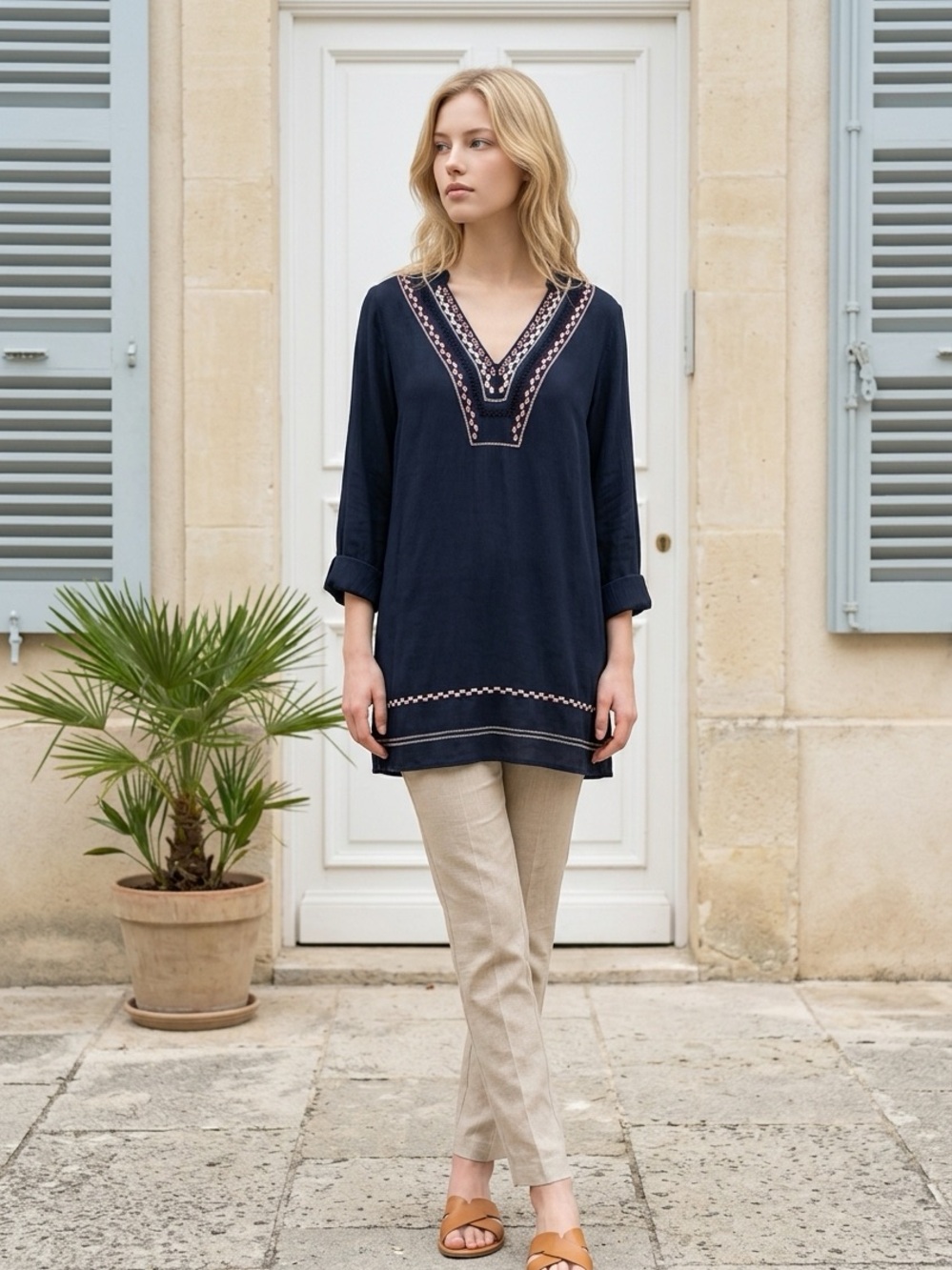 Dolan Left Coast Embroidered Tunic Navy Top
